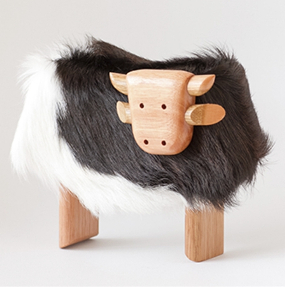 Taller Clavelli Wooden Cow Home Accent with Black and White Fur